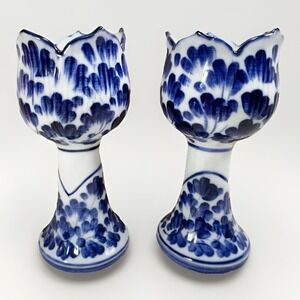 Shafford Blue White Candle Holders Pair Thailand Tulip Floral Cobalt Ceramic